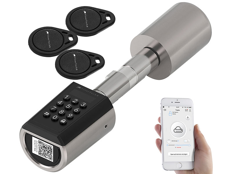 VisorTech Elektronischer Tür-Schließzylinder Modell TSZ-520.ip, Transponder, App, www.pearl.de