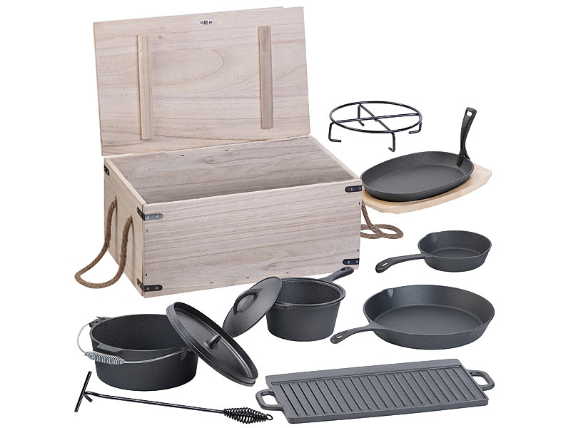 Semptec Urban Survival Technology 9-teiliges Gusseisen-Dutch-Oven-Set, www.pearl.de Semptec Urban Survival Technology 9-teiliges Gusseisen-Dutch-Oven-Set, www.pearl.de