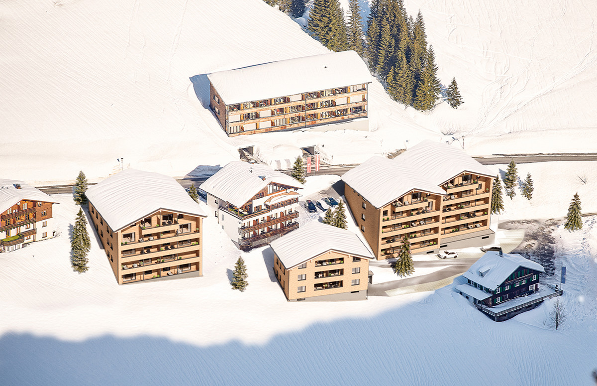 Die vier Appartementhäuser„Alpenstolz Damüls“umrahmen das traditionelle Gasthaus Glöckle. Die vier Appartementhäuser„Alpenstolz Damüls“umrahmen das traditionelle Gasthaus Glöckle.