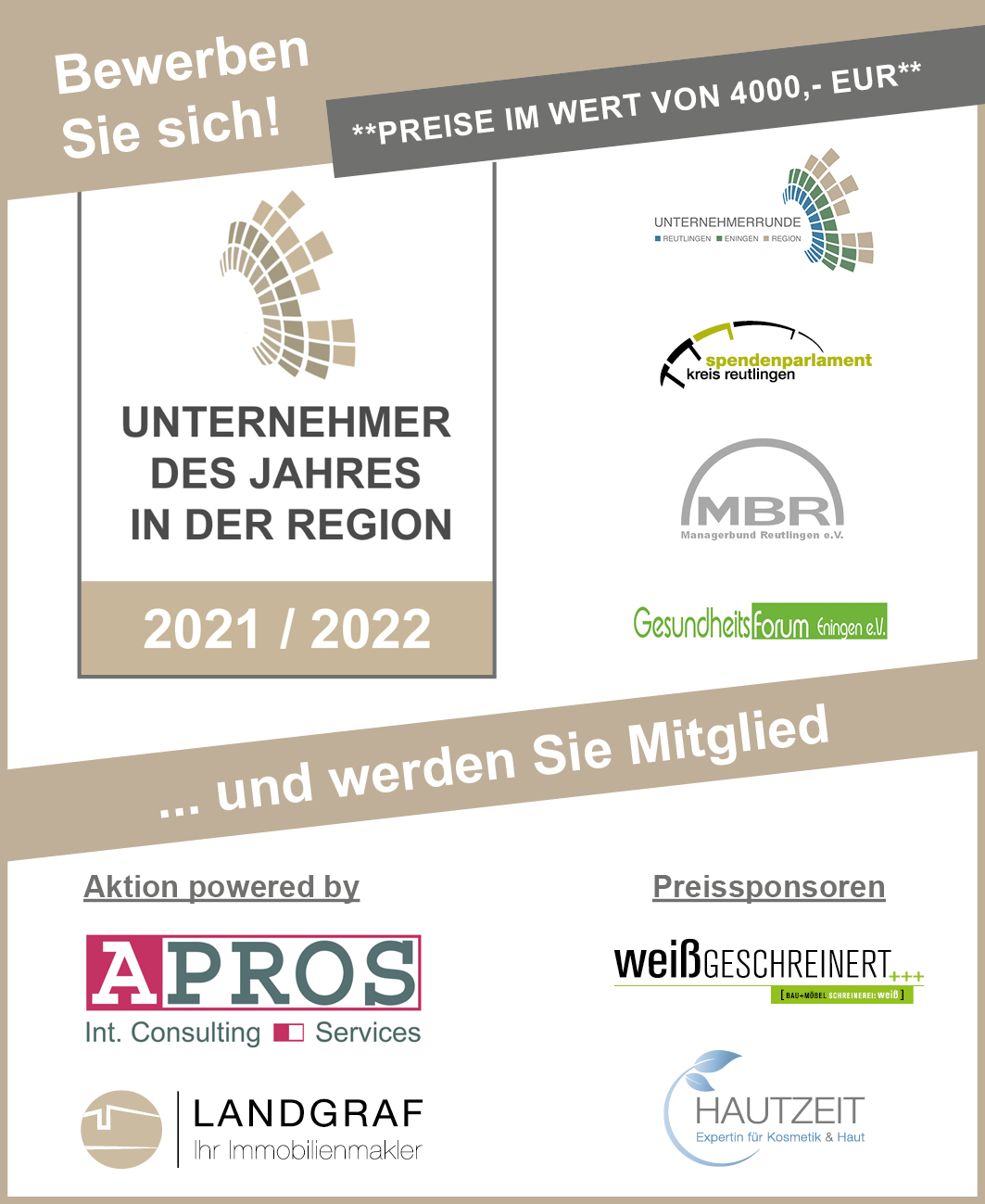 Bewerben Sie sich als Mitglied in den Netzwerken und als Unternehmer des Jahres Reutlingen Bewerben Sie sich als Mitglied in den Netzwerken und als Unternehmer des Jahres Reutlingen