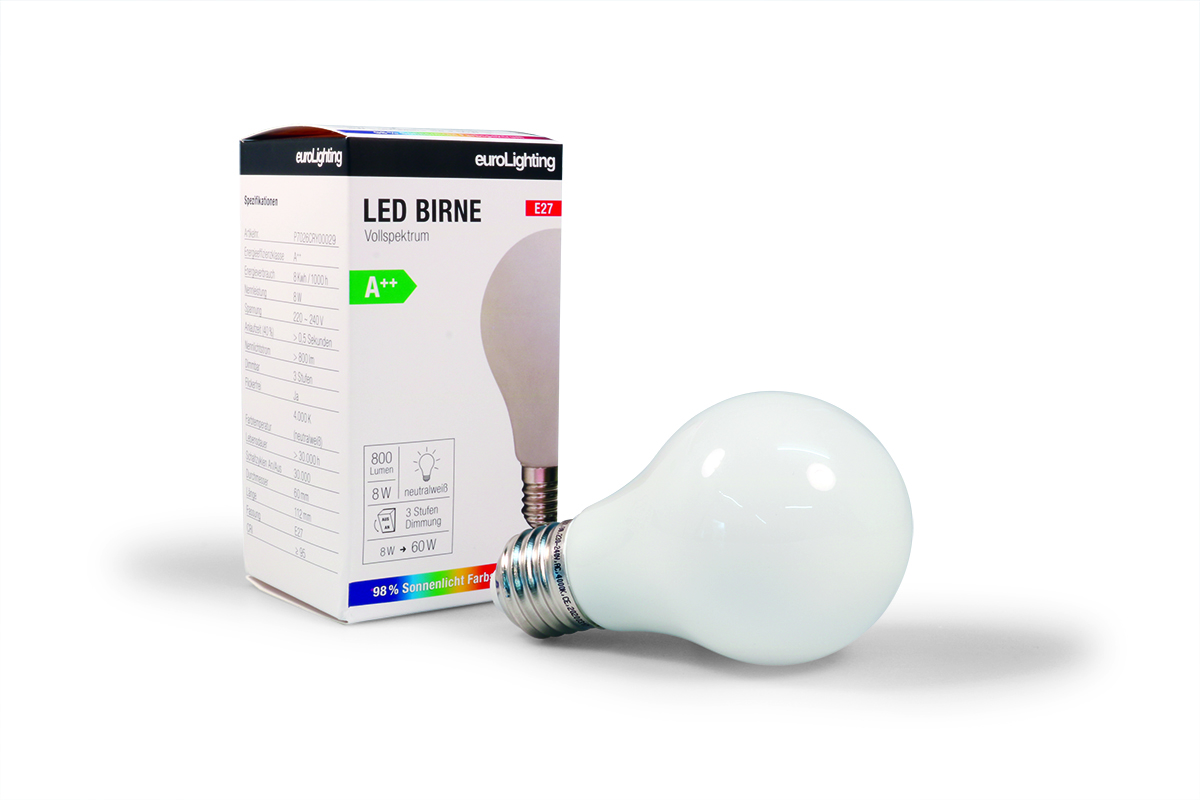 Vollspektrum-LED-Lampe mit E27-Sockel von euroLighting.