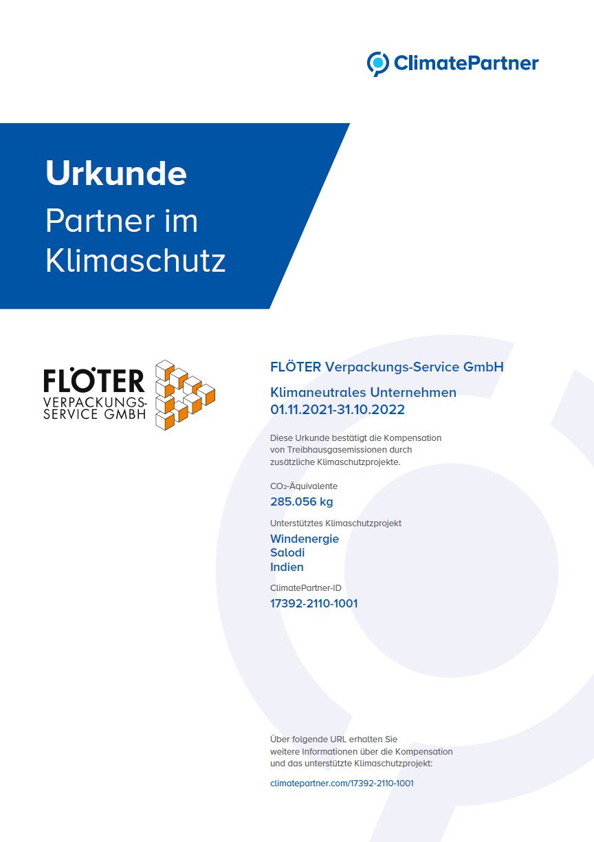 Urkunde-klimaneutrales Unternehmen Flöter Verpackungs-Service GmbH Urkunde-klimaneutrales Unternehmen Flöter Verpackungs-Service GmbH