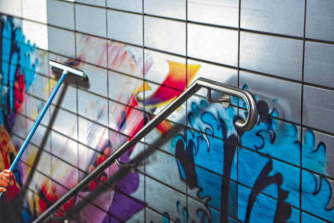 Grafittis lassen sich von den keramischen Fassadenelementen rückstandslos entfernen. (Bildquelle: TO