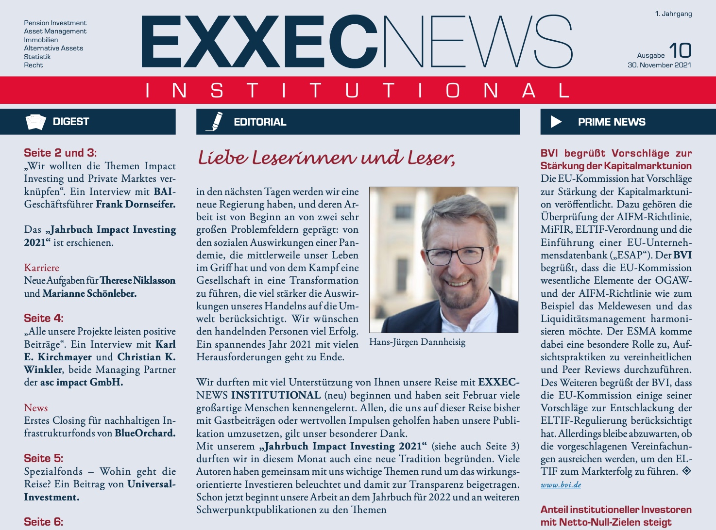 Zeitschrift für institutionelles Assetmanagement EXXECNEWS Institutional: Ausgabe 10/2021 erschienen