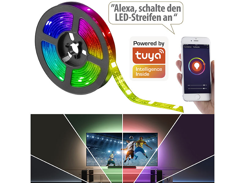 Luminea Home Control USB-RGB-LED-Streifen mit WLAN, App und Sprachsteuerung, 2 m, www.pearl.de