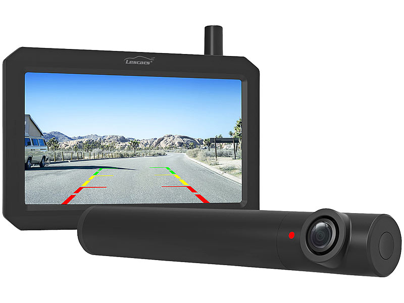 Lescars Kabellose Solar-Funk-Rückfahrkamera mit 5" (12,5 cm) Monitor, 2,4 GHz, www.pearl.de