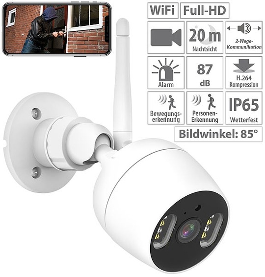 7links WLAN-IP-Kamera IPC-885, FullHD, Dual-Nachtsicht, Sirene, App, ONVIF, LAN, IP65, www.pearl.de 7links WLAN-IP-Kamera IPC-885, FullHD, Dual-Nachtsicht, Sirene, App, ONVIF, LAN, IP65, www.pearl.de