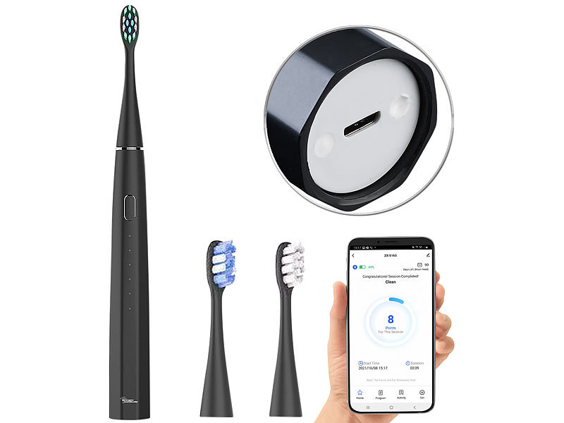 newgen medicals Smarte Schallzahnbürste SZB-200.app, 5 Reinigungsmodi, USB-C-Port, www.pearl.de