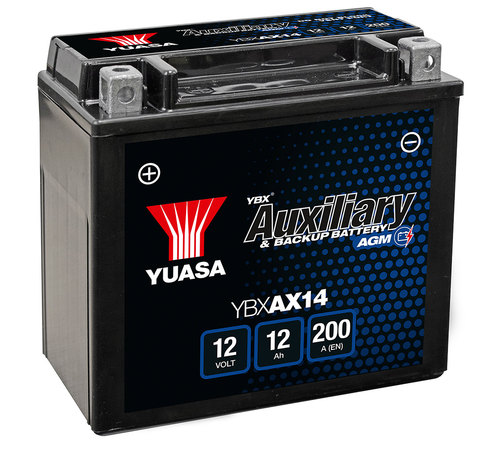 Die AGM-Hilfsbatterie YBXAX14 von GS YUASA mit 12V, 12Ah und 200A.