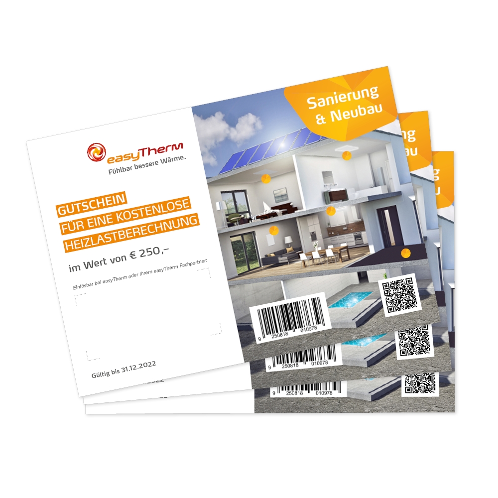 Kostenlose Heizlastberechnung von easyTherm: Jetzt Gutschein im Wert von€250,–anfordern! Kostenlose Heizlastberechnung von easyTherm: Jetzt Gutschein im Wert von€250,–anfordern!