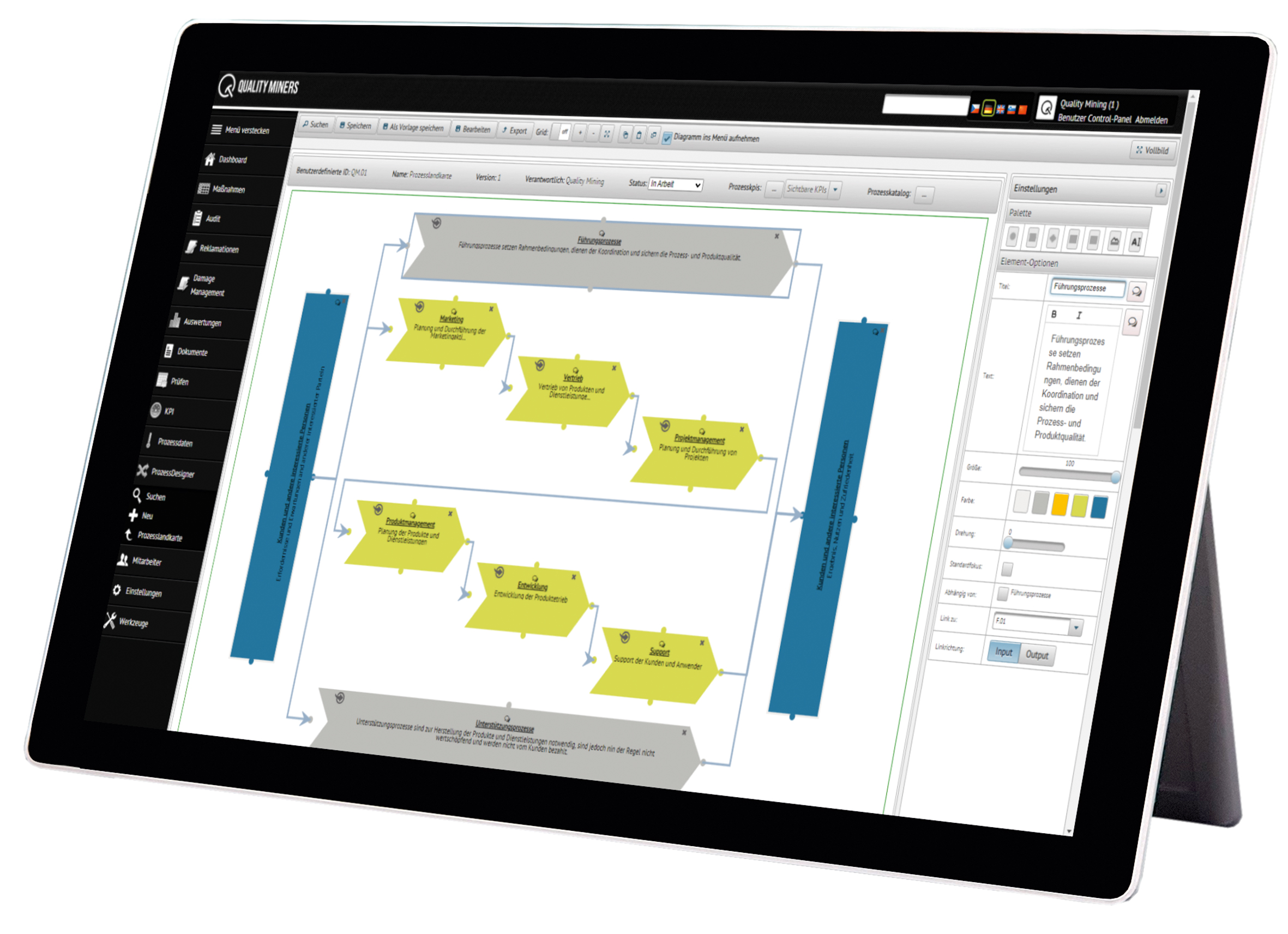 Der Prozessdesigner in der Software QM.CAQ. (Bildquelle: info@qualityMiners.de) Der Prozessdesigner in der Software QM.CAQ. (Bildquelle: info@qualityMiners.de)