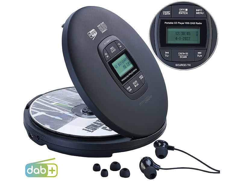 auvisio Tragbarer CD-Player, DAB+ Radio, Bluetooth, Akku, Ohrhörer, Anti-Shock, www.pearl.de