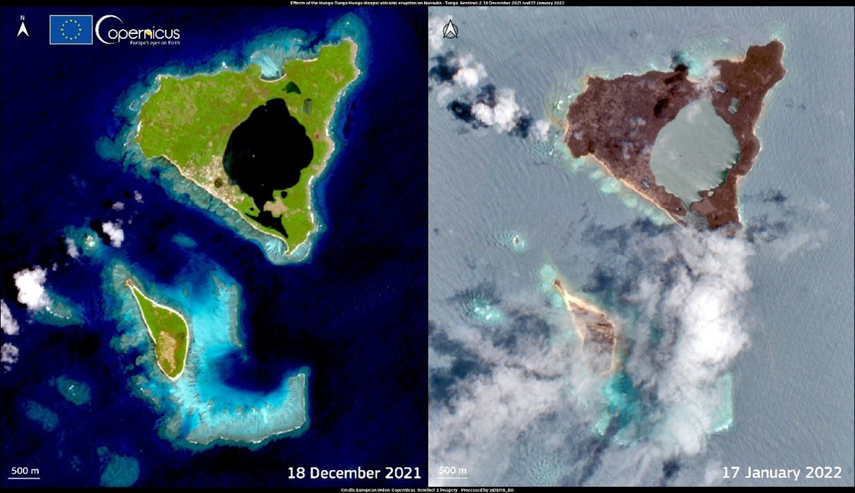 Der südpazifische Unterwasservulkan Hunga Tonga-Hunga Ha?apai am 18. Dezember 2021 (links) und 17. J (Bildquelle: European Union, Copernicus Sentinel-2 imagery) Der südpazifische Unterwasservulkan Hunga Tonga-Hunga Ha?apai am 18. Dezember 2021 (links) und 17. J (Bildquelle: European Union, Copernicus Sentinel-2 imagery)