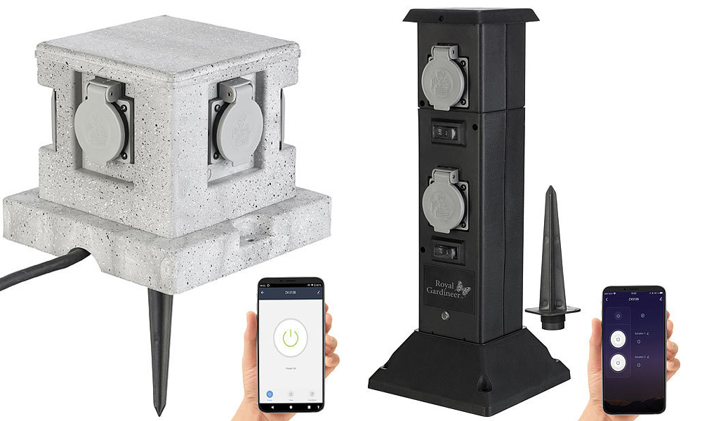 Zwei Mehrfach-WLAN-Gartensteckdosen von Royal Gardineer SF-640.avs und SF-610.avs, www.pearl.de Zwei Mehrfach-WLAN-Gartensteckdosen von Royal Gardineer SF-640.avs und SF-610.avs, www.pearl.de