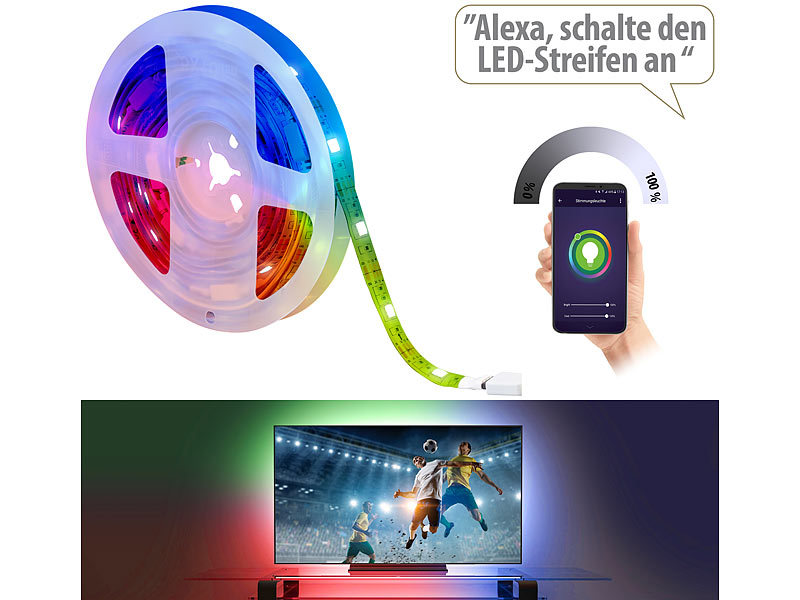 Luminea Home Control WLAN-RGB-LED-Streifen WRL-34 mit App- und Sprachsteuerung, USB, www.pearl.de
