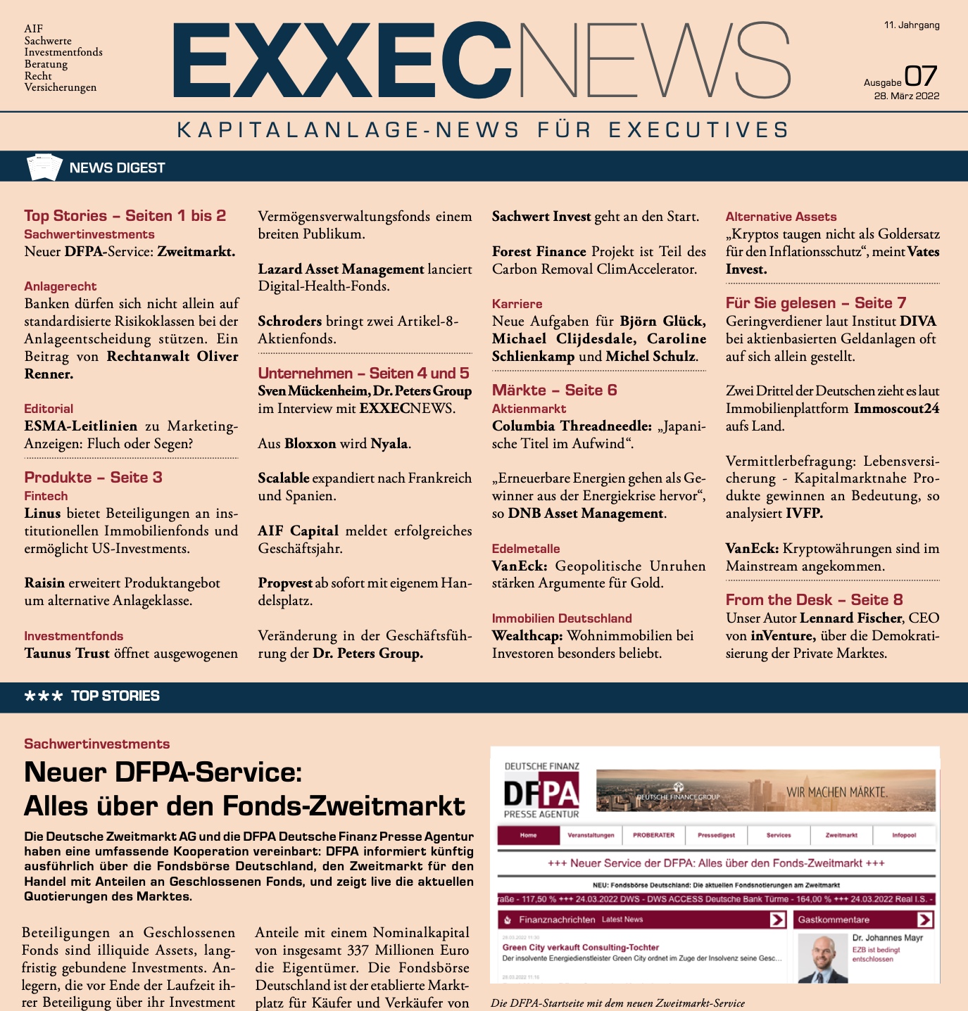 EXXECNEWS 7/2022: DFPA Deutsche Finanz Presse Agentur mit neuem Service rund um den Fonds-Zweitmarkt EXXECNEWS 7/2022: DFPA Deutsche Finanz Presse Agentur mit neuem Service rund um den Fonds-Zweitmarkt