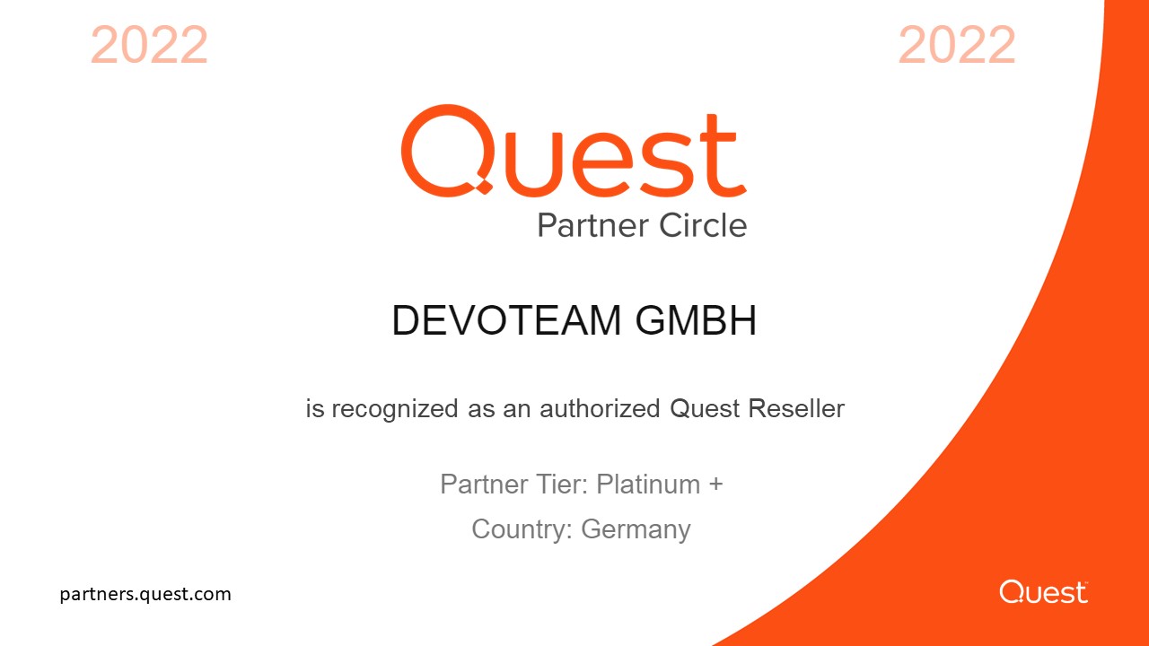 Devoteam von Quest als Platinum+ Partner für One Identity ausgezeichnet (Bildquelle: @ Quest) Devoteam von Quest als Platinum+ Partner für One Identity ausgezeichnet (Bildquelle: @ Quest)