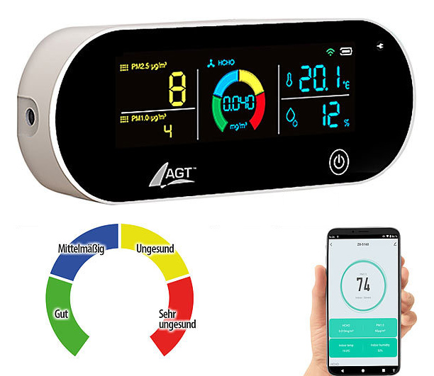 AGT 5in1-Akku-Luftqualitätsmesser, HCHO, PM1/2,5, Temperatur u.v.m., App, www.pearl.de