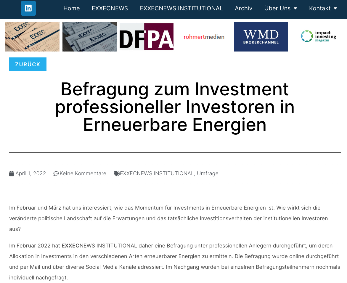 EXXECNEWS INSTITUTIONAL Umfrage: Wie wichtig sind Erneuerbare Energien bei Institutionals? EXXECNEWS INSTITUTIONAL Umfrage: Wie wichtig sind Erneuerbare Energien bei Institutionals?