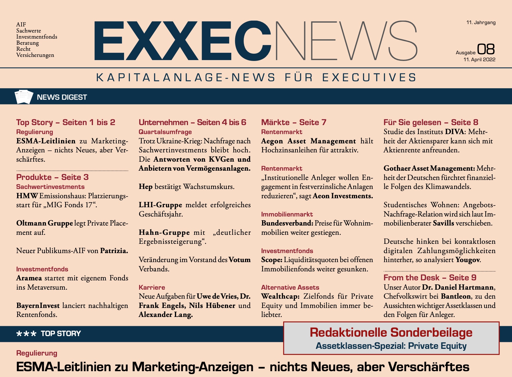 Fachzeitung für private Kapitalanlage EXXECNEWS 8-22: Marketing-Anzeigen für Finanzprodukte im Feuer