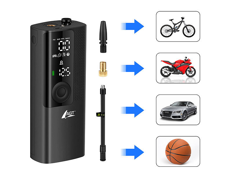 AGT Smarte Akku-Luftpumpe ALP-250 mit OLED-Display, bis 120 psi, Bluetooth und App, www.pearl.de