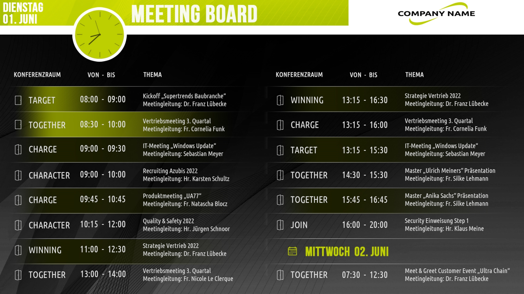 Das digitale Meetingboard von digitalSIGNAGE.de zeigt die aktuellen Termine aus den gängigen Online-Kalendern Das digitale Meetingboard von digitalSIGNAGE.de zeigt die aktuellen Termine aus den gängigen Online-Kalendern