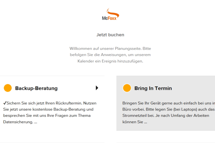 Online-Terminbuchungen auf termin.mcfoxx.de (Screenshot) Online-Terminbuchungen auf termin.mcfoxx.de (Screenshot)