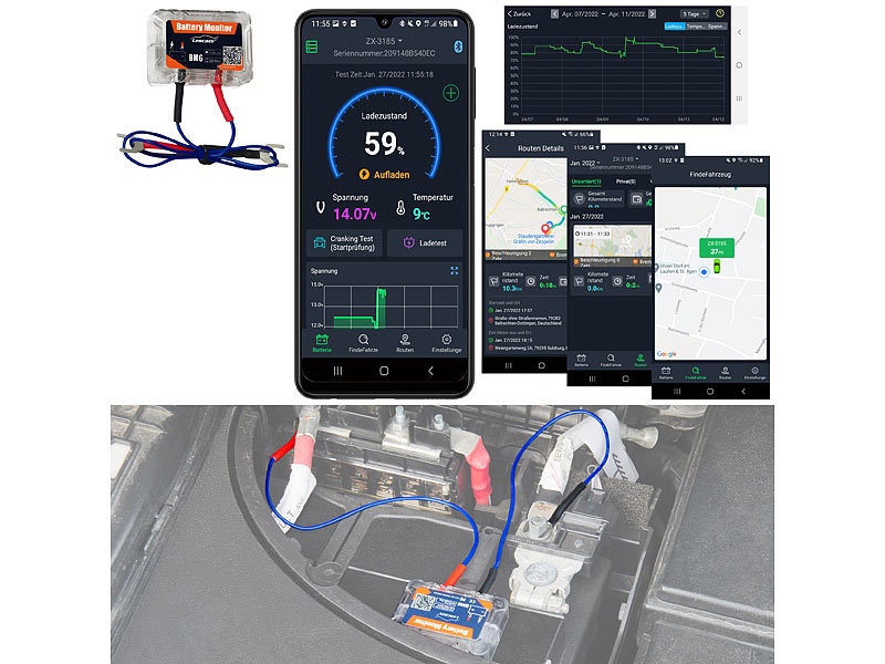 Lescars Kfz-Batterie-Wächter mit Standort-Suche, Bluetooth, App, 12V, IPX7, www.pearl.de