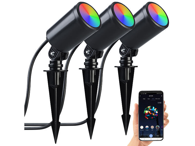 Luminea Home Control 3er-Set WLAN-Gartenstrahler, dimmbar, RGB& CCT, je 520 lm, IP65, www.pearl.de (Die Bildrechte liegen bei dem Verfasser der Mitteilung.)