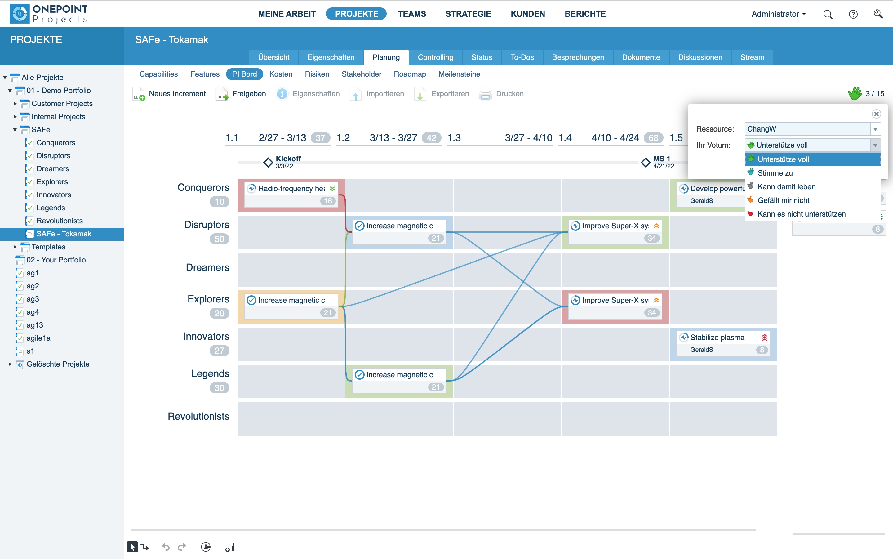 Das PI-Planning Board zeigt an, woran ein agiles Team in einem Increment arbeitet. (Bildquelle: ONEPOINT Projects) Das PI-Planning Board zeigt an, woran ein agiles Team in einem Increment arbeitet. (Bildquelle: ONEPOINT Projects)
