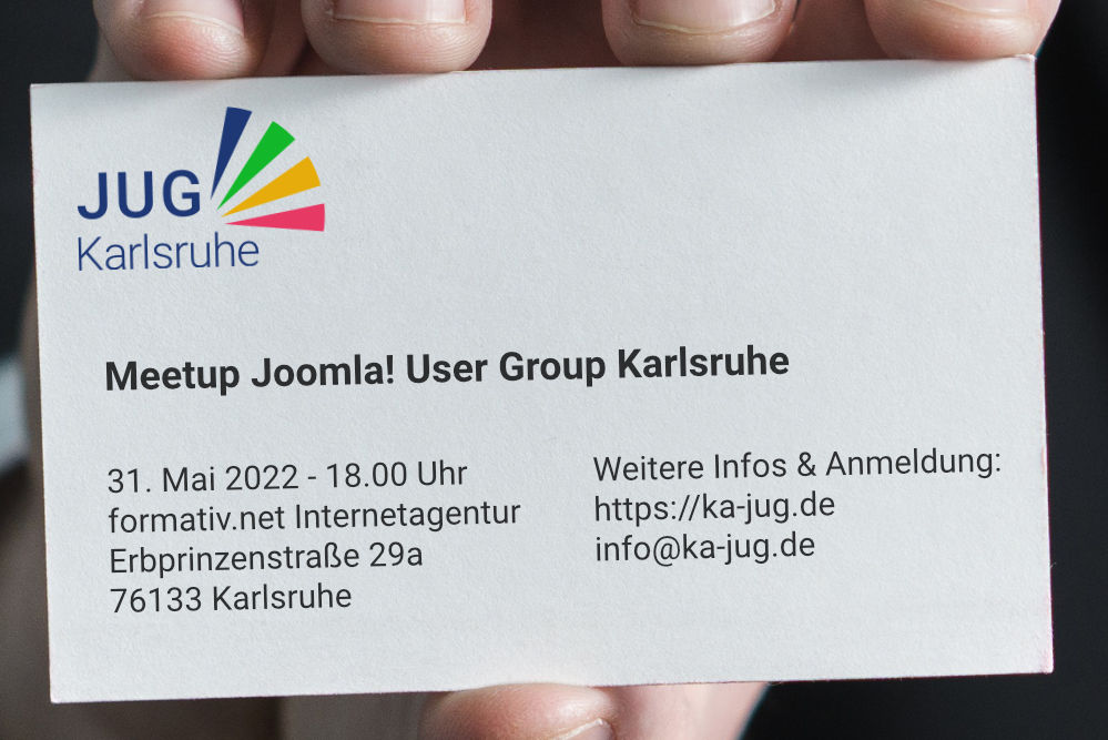 Einladung: Erstes MeetUp der Joomla User Group Karlsruhe nach der„Corona-Pause“am 31.05.2022 (Die Bildrechte liegen bei dem Verfasser der Mitteilung.) Einladung: Erstes MeetUp der Joomla User Group Karlsruhe nach der„Corona-Pause“am 31.05.2022 (Die Bildrechte liegen bei dem Verfasser der Mitteilung.)