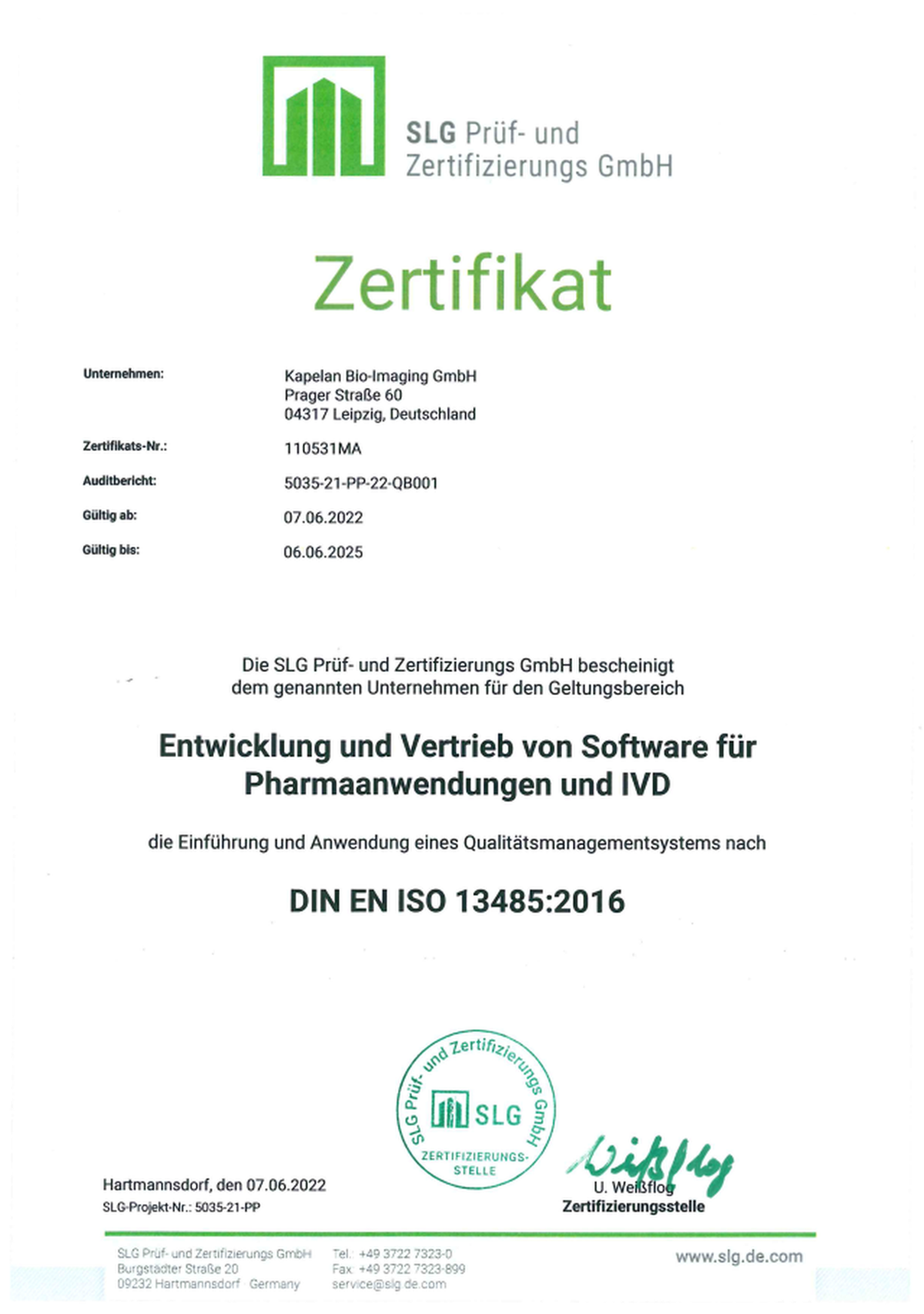 Zertifikat nach ISO 13485 Zertifikat nach ISO 13485