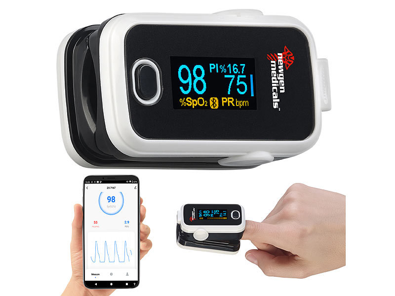 newgen medicals Medizinischer Finger-Pulsoximeter mit OLED-Farbdisplay, Bluetooth, App, www.pearl.de (Die Bildrechte liegen bei dem Verfasser der Mitteilung.)