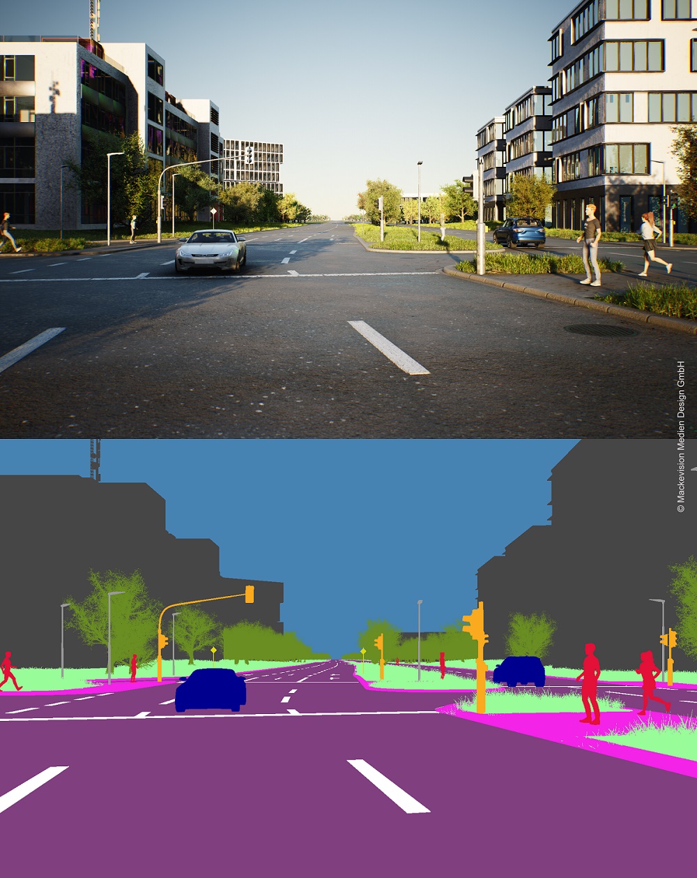 Synthetische Straßenszene mit Fußgängern und Verkehr sowie segmantische Segmentation der Szene (Bildquelle: Mackevision Medien Design GmbH) Synthetische Straßenszene mit Fußgängern und Verkehr sowie segmantische Segmentation der Szene (Bildquelle: Mackevision Medien Design GmbH)