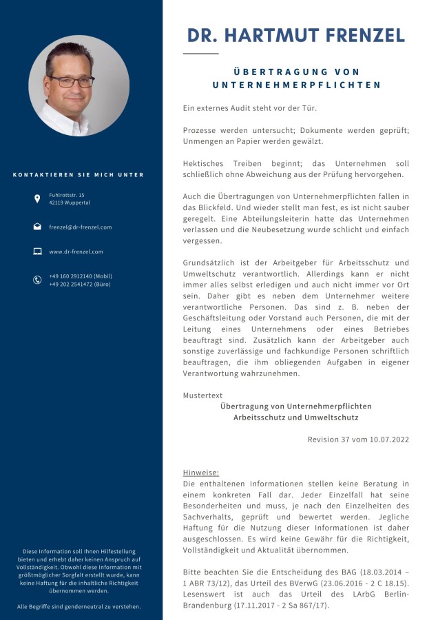 Übertragung von Unternehmerpflichten - Arbeitsschutz und Umweltschutz (© Dr. Hartmut Frenzel) Übertragung von Unternehmerpflichten - Arbeitsschutz und Umweltschutz (© Dr. Hartmut Frenzel)