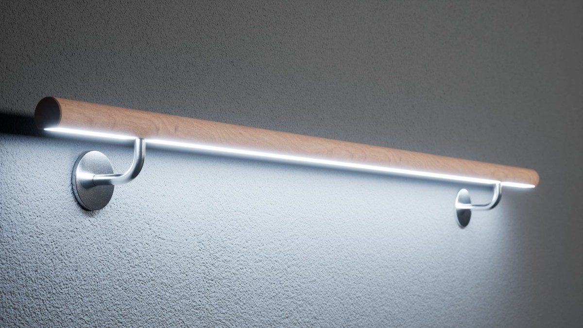 Holzhandlauf mit LED-Beleuchtung dank dem neuen und variablen LUX GLENDER Alu-Wood-Profil  (© LUX GLENDER)