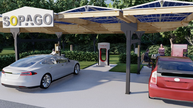 Solarcarport mit Ladestation für Elektroautos (Bildquelle: @Sopago GmbH) Solarcarport mit Ladestation für Elektroautos (Bildquelle: @Sopago GmbH)
