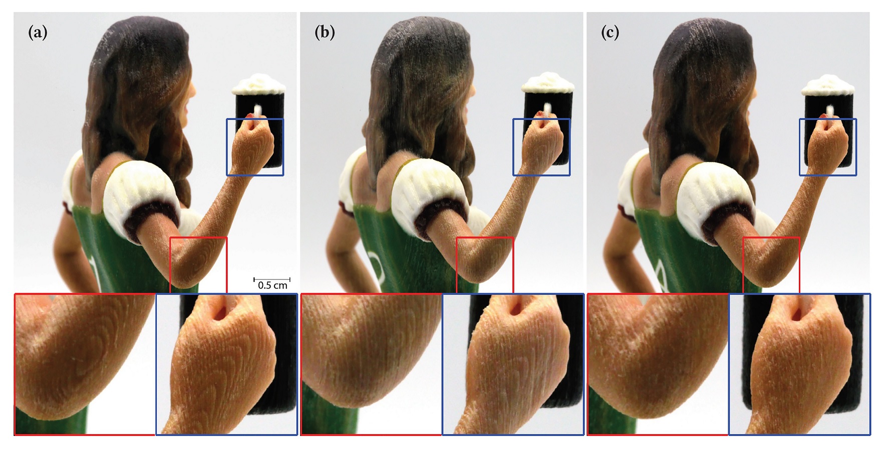 Treppenstufenartefakte (Bild a), stören nicht nur optisch. Die Shape Dithering Methode (c) entfernt diese vollständig.