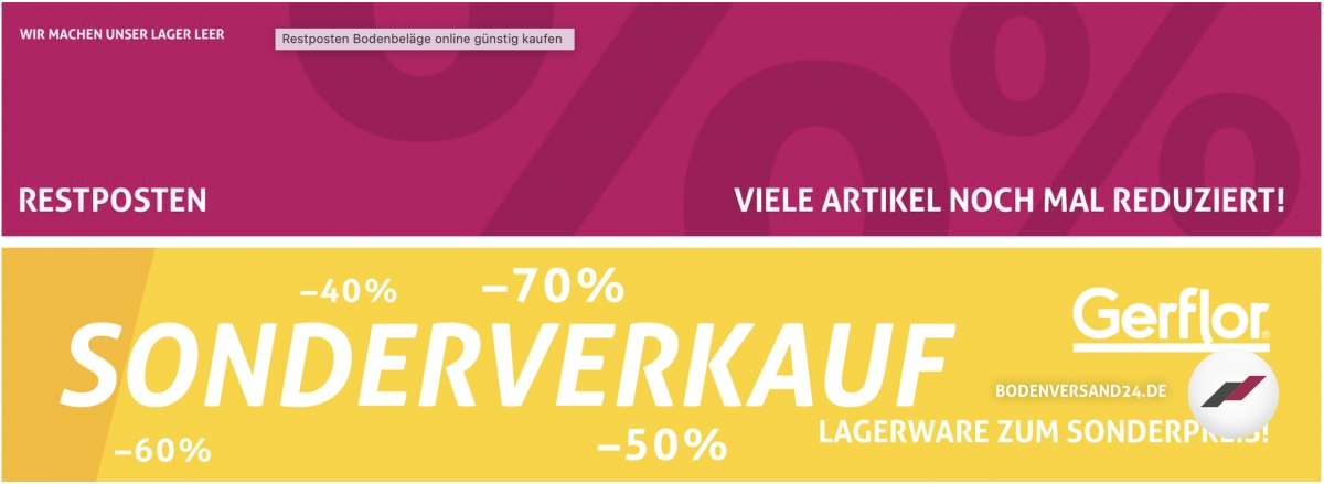 Sonderverkauf, Restposten bietet Bodenversand24 (Die Bildrechte liegen bei dem Verfasser der Mitteilung.)