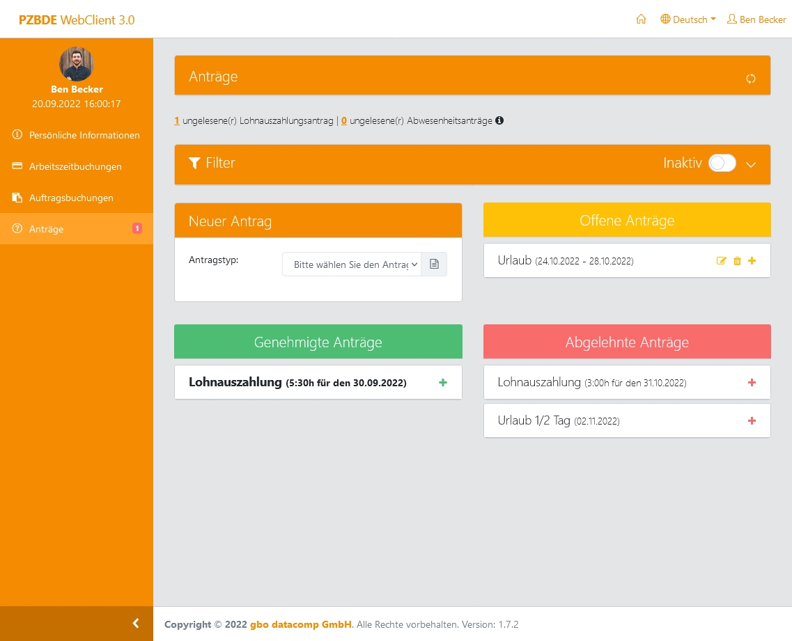 bisoftPZE–die Personalzeiterfassung von gbo datacomp (Screenshot: gbo datacomp) (Die Bildrechte liegen bei dem Verfasser der Mitteilung.)