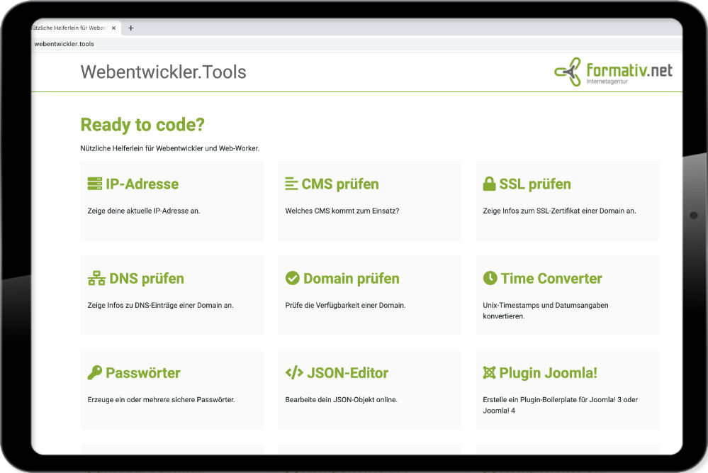 Jetzt online: Webentwickler.Tools. Nützliche kleine Helferlein für die Arbeit in der Webentwicklung (Die Bildrechte liegen bei dem Verfasser der Mitteilung.) Jetzt online: Webentwickler.Tools. Nützliche kleine Helferlein für die Arbeit in der Webentwicklung (Die Bildrechte liegen bei dem Verfasser der Mitteilung.)