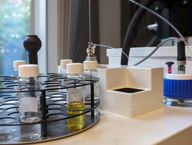 AFIDA-Gerät mit Kraftstoffproben. (Bildquelle: TME der RWTH Aachen University) AFIDA-Gerät mit Kraftstoffproben. (Bildquelle: TME der RWTH Aachen University)