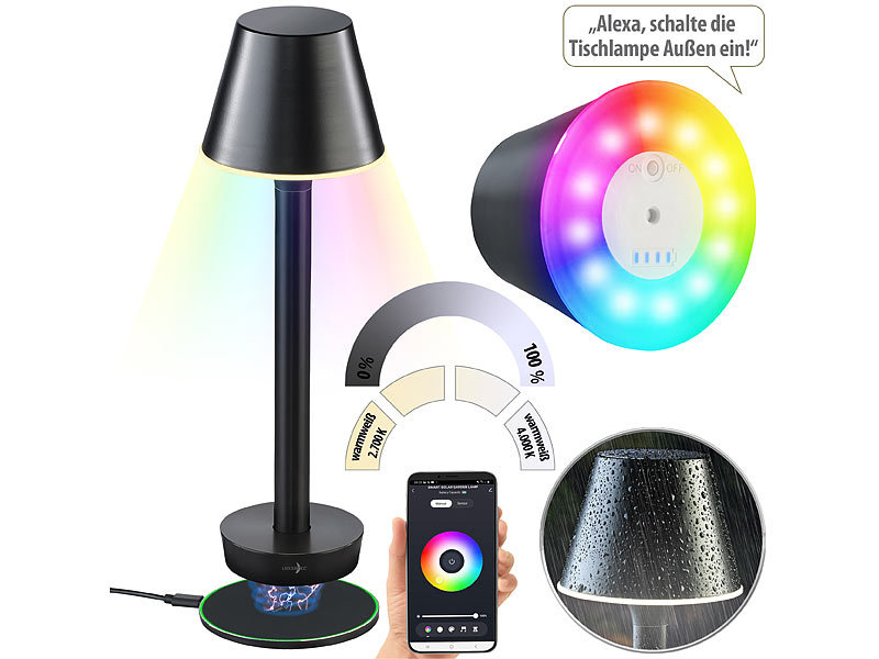 Lunartec Smarte Outdoor-Tischlampe OT-130, RGB-CCT-LEDs, App, Bluetooth, 40 lm, IP67, www.pearl.de (Die Bildrechte liegen bei dem Verfasser der Mitteilung.)