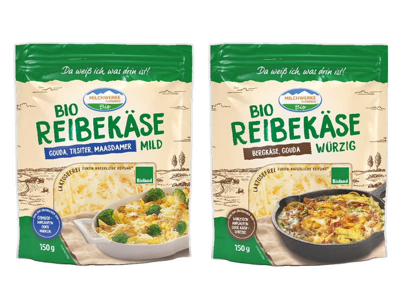 Die neuen Bio-Reibekäse im wiederveschließbaren Beutel sind perfekt für Aufläufe und Gratins. (Bildquelle: Milchwerke Schwaben) Die neuen Bio-Reibekäse im wiederveschließbaren Beutel sind perfekt für Aufläufe und Gratins. (Bildquelle: Milchwerke Schwaben)