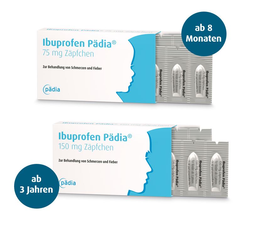 Jetzt neu: Ibuprofen Pädia Zäpfchen in den Wirkstärken 75 mg für Kinder ab 8 Monaten und 150 mg für (Die Bildrechte liegen bei dem Verfasser der Mitteilung.) Jetzt neu: Ibuprofen Pädia Zäpfchen in den Wirkstärken 75 mg für Kinder ab 8 Monaten und 150 mg für (Die Bildrechte liegen bei dem Verfasser der Mitteilung.)