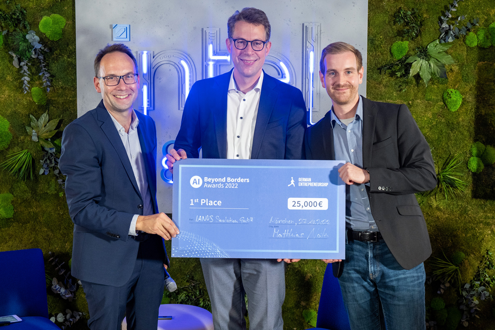Der bayerische Staatsminister für Wissenschaft und Kunst, Markus Blume, gratuliert dem Gewinner (Bildquelle:©German Entrepreneurship) Der bayerische Staatsminister für Wissenschaft und Kunst, Markus Blume, gratuliert dem Gewinner (Bildquelle:©German Entrepreneurship)