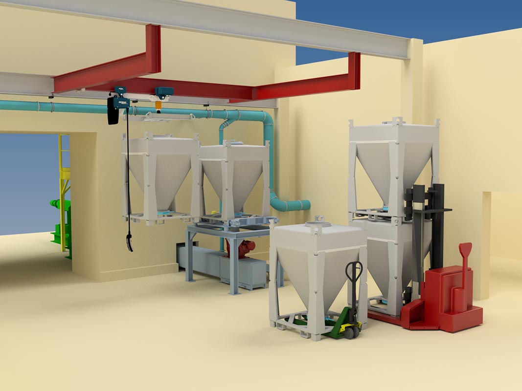 3D-Visualisierung der entwickelten Sonderlösung für die Zwischenlagerung von Trockenmischungen mit k