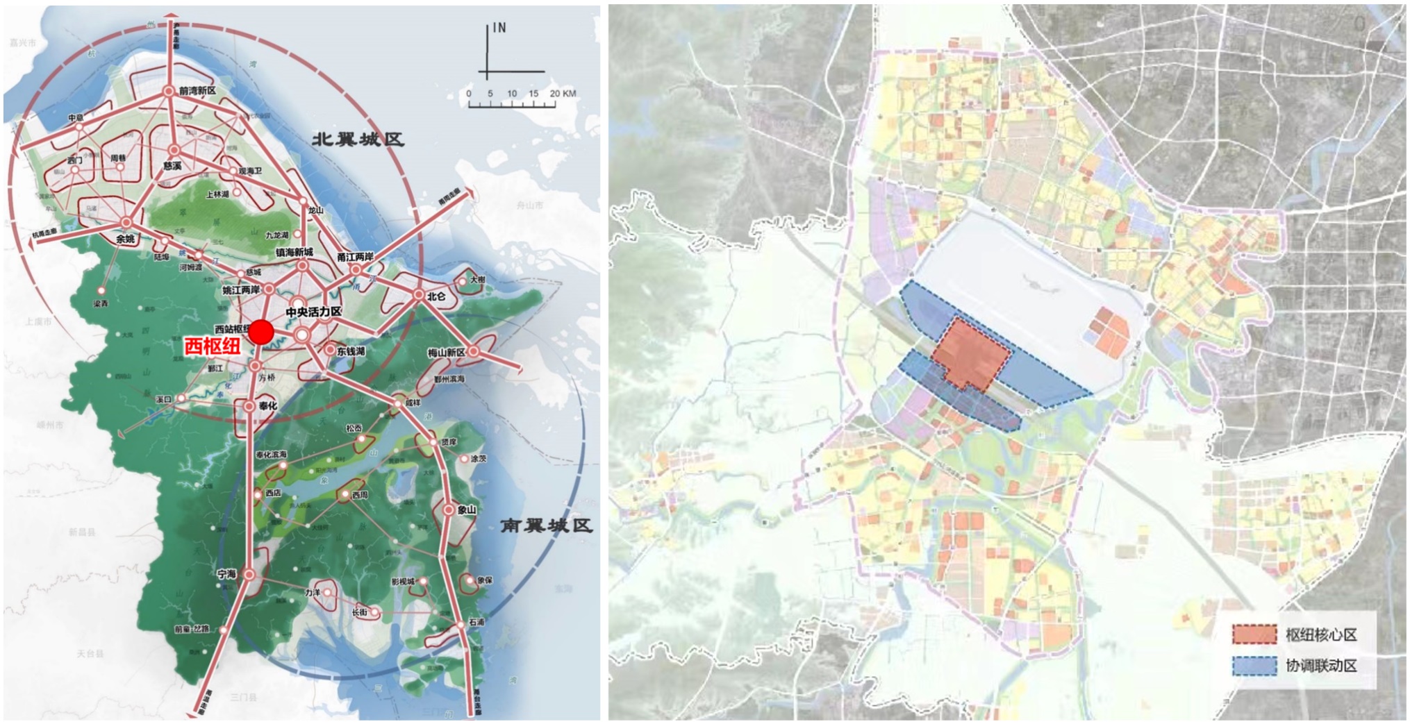 Links: Schematische Darstellung der Lage des West Hub in der städtischen Raumstruktur von Ningbo; Rechts?Skizze des Gestaltungsspi Links: Schematische Darstellung der Lage des West Hub in der städtischen Raumstruktur von Ningbo; Rechts?Skizze des Gestaltungsspi