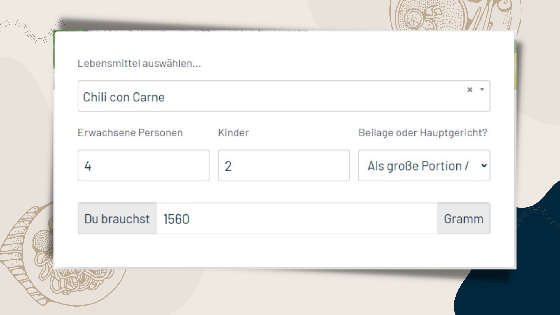 Bildausschnitt vom"pro Person" Rechner für Chili con Carne (Die Bildrechte liegen bei dem Verfasser der Mitteilung.)