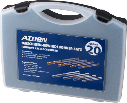 Der ATORN Maschinen-Gewindebohrersatz in einer Box inklusive passendem VHM-Kernlochbohrer.